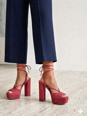 Aquazzura Austin Plateau Pink Suede Platform Lace-Up Heels Pink US 6.5